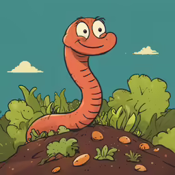 the worm is sitting on a mound of soil with his tongue out
