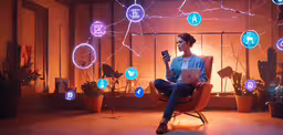 a person in a chair with a laptop in front of them,a woman sitting on a chair looking at her laptop
