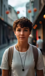 a person with brown hair and a white shirt