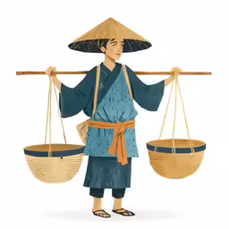 a woman with an asian hat holding two bamboo baskets