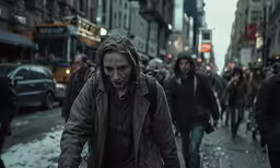 a man with long hair in a crowded street