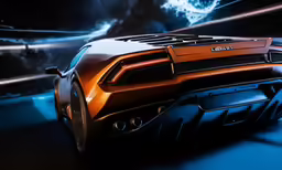 an orange sports car is driving along the street