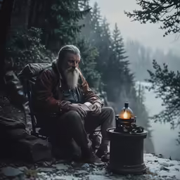a man in a brown jacket sitting on a bench in front of a table with a lit fire