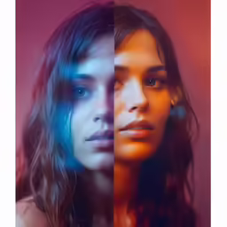 two women are shown one is half blue, the other half red