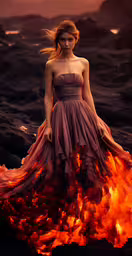 a woman in a flowing dress stands with fire and flames everywhere,a woman in a dress standing on the ocean with fire flowing across her skirt