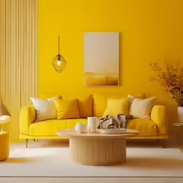 an interior of a living room with a yellow couch and coffee table