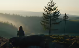 a woman sitting on a hill looking over a valley