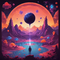 the sun rises on a purple and blue landscape with mountains,a man standing in front of a large landscape