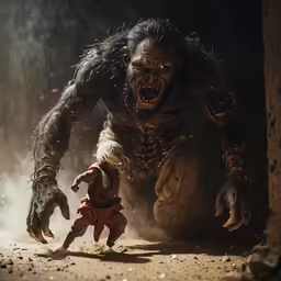 a young child is standing behind a creature in the dark