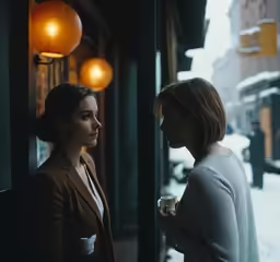 a woman in a suit looks into another womans eyes