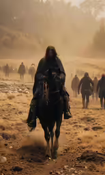 a man on a horse is traveling through the dusty terrain