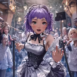 an animation doll standing next to an audience