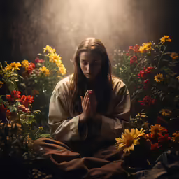 a woman kneeling down in the midst of flowers