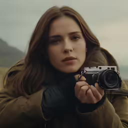 woman holding an old fashion camera with sky in the background