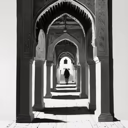 black and white photo of an archway with a person on the sidewalk