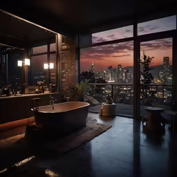 the bath tub is next to the glass windows