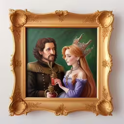 a painting of a man and woman dressed in historical costumes,the picture is a framed picture of a man and woman in medieval garb