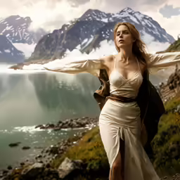 a beautiful woman in a white dress stands near the mountains