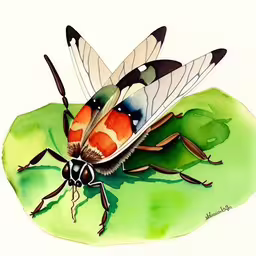 a watercolor painting of a flies sitting on top of a plant,a drawing of a butterfly with white wings and multi - colored stripes