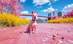 a white dog is sitting on the ground