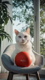 a white cat sitting on a stool with a toy