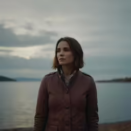a woman in brown jacket standing by water