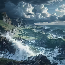 a painting depicting some water in an expanse