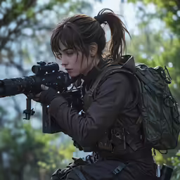 woman wearing leather outfit holding a gun and looking through binoculars