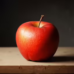 a red apple sitting on top of a wooden table