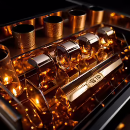 bottles are shown in the middle of a display case