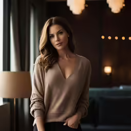 a woman standing in front of a window with her hands on her hips