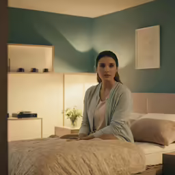 a woman sitting on a bed with a robe