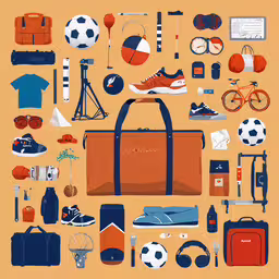 various objects are displayed together on an orange background,an illustration of a brown briefcase filled with items from around the world