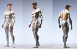 three images of different models wearing white and grey outfits,a male in a silver futuristic bodysuit is shown