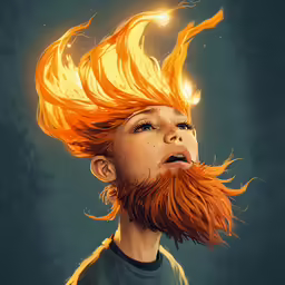 an illustration of a girl with orange hair and fire on her face