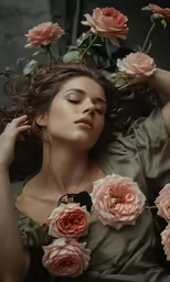 a woman is lying down with her hair hanging loose, wearing flowers in her hair