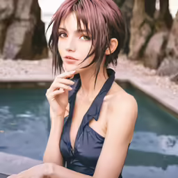 a woman sitting next to an icy pool of water