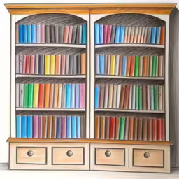a book shelf with colorful books and drawers