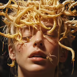 a woman with very long hair that has dried yellow noodles on her head