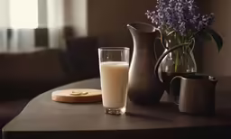 a table with a vase of flowers, pitcher of milk and a vase