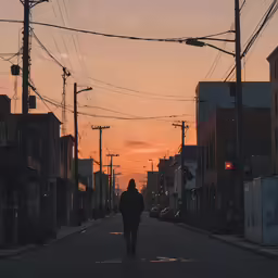 a man walking down a street in front of the sun