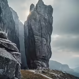 a mountain with snow on it, with two large rocks