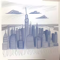 a drawing of a large city in blue,a drawing of a city surrounded by tall buildings