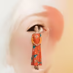 woman in red dress standing behind large blue eyed eye