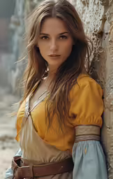 a girl with long hair leaning against a stone wall