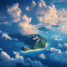 a small island in the middle of the ocean with clouds over it