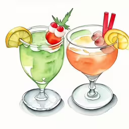 some glasses with different alcoholic drinks in them,a painting of two colorful alcoholic cocktails