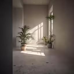 the floor is clean and empty with some potted plants