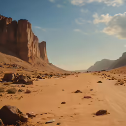 a desert with rocks and boulders in the background