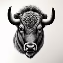 a black and white bull with horns sticking out